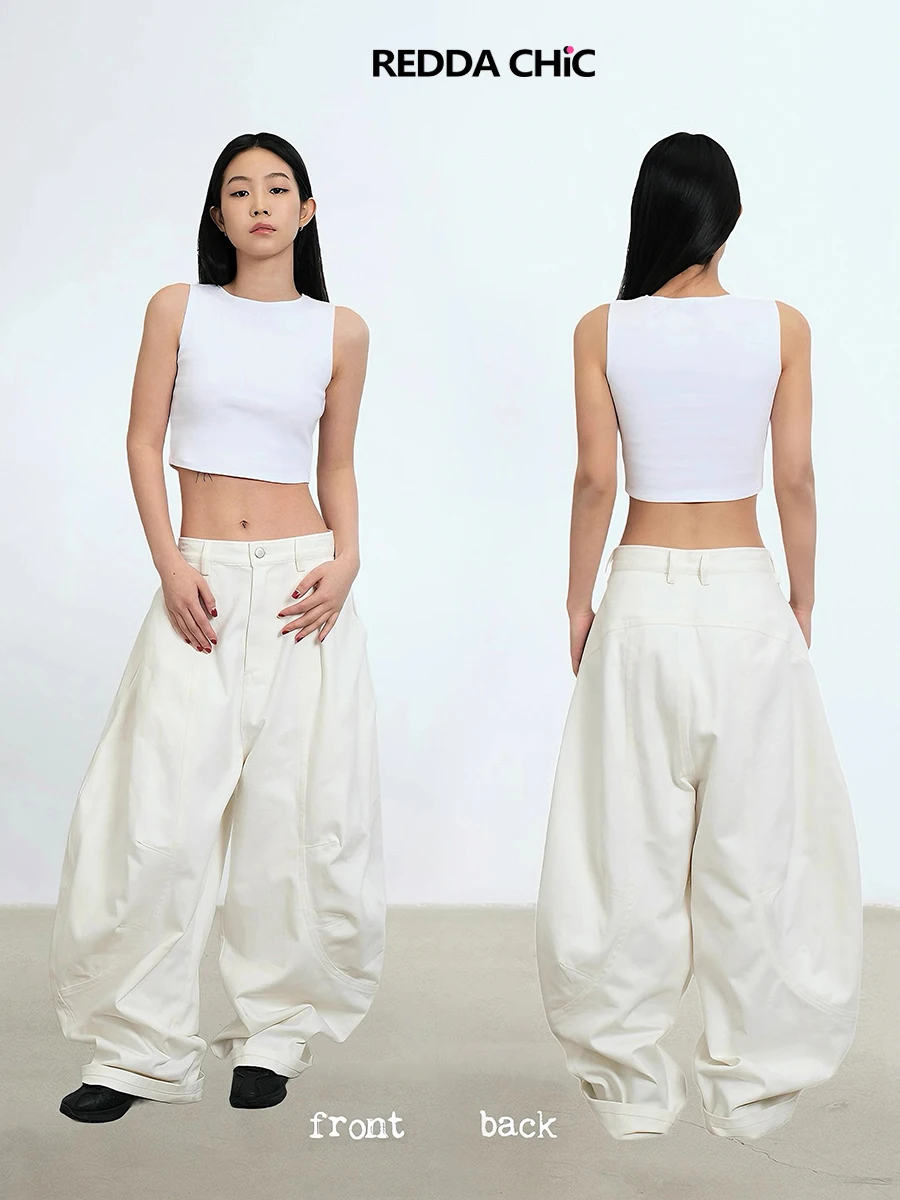 REDDACHiC Silhouette Barrel Jeans for Women Street Seam Patchwork Low Rise Solid Wide Leg Oversize Pants Korea  Everyday Wear