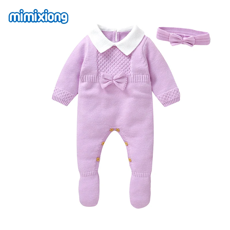 

Purple Baby Girls Rompers Clothes Cute Bowknot Knit Newborn Infant Long Sleeve Jumpsuits Headband Outfits Set 0-18m Toddler Wear