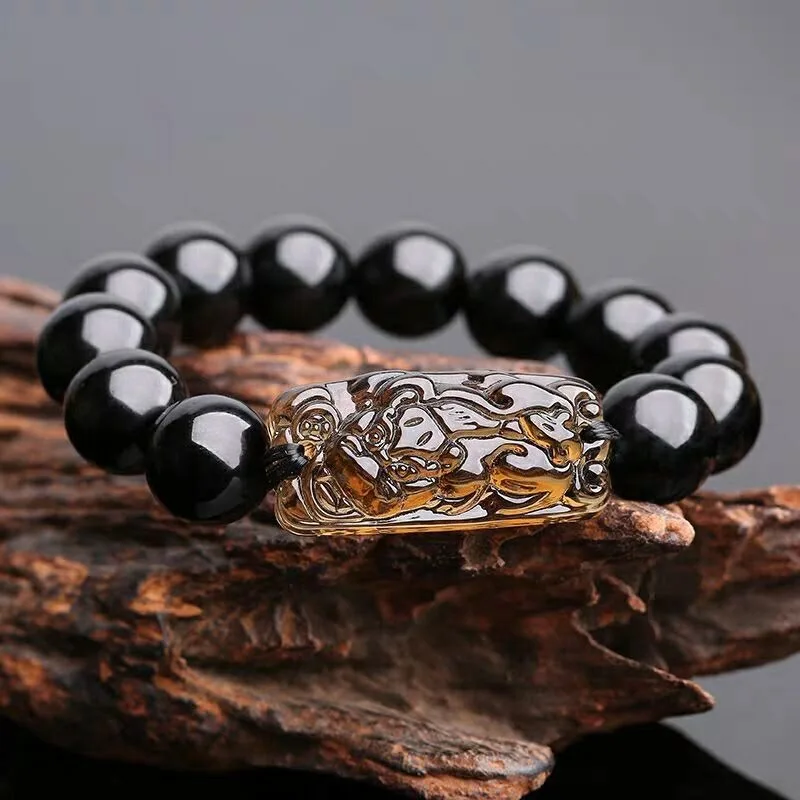 Obsidian Double Pixiu Black Obsidian Tibetan Silver Pixiu Bracelet Rainbow Eye Obsidian Pixiu Bracelet