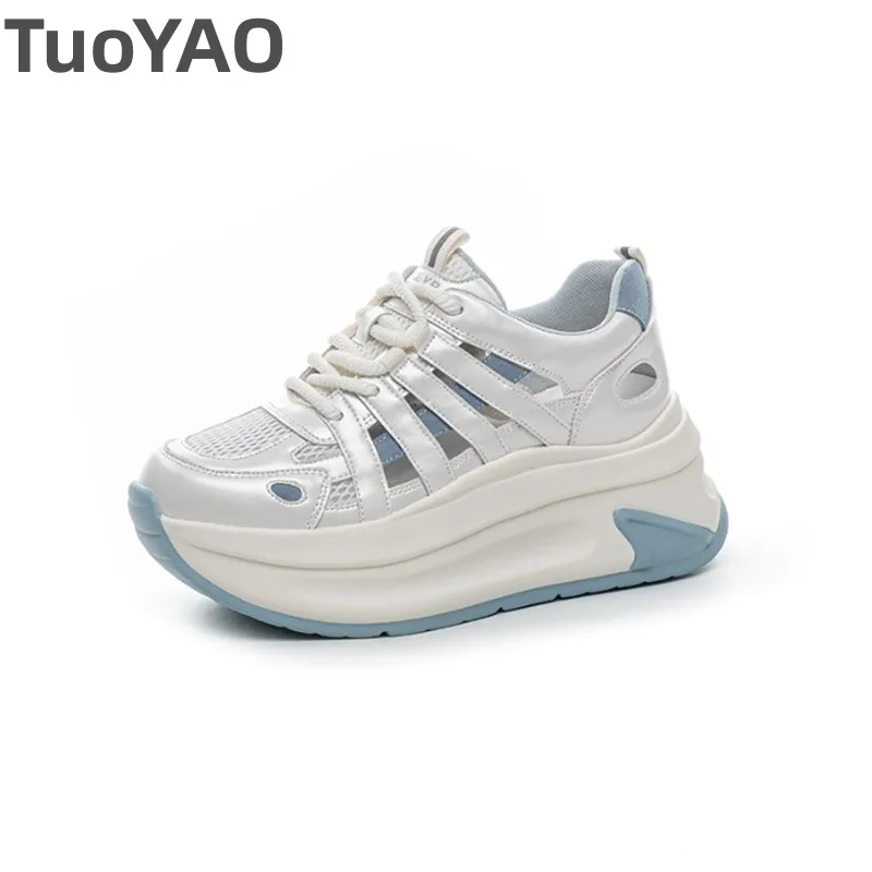 

Женская летняя обувь из сетчатой ткани 7 см, туфли-лодочки, полые массивные кроссовки, шлепанцы, сандалии на платформе, танкетке из микрофибры, на танкетке