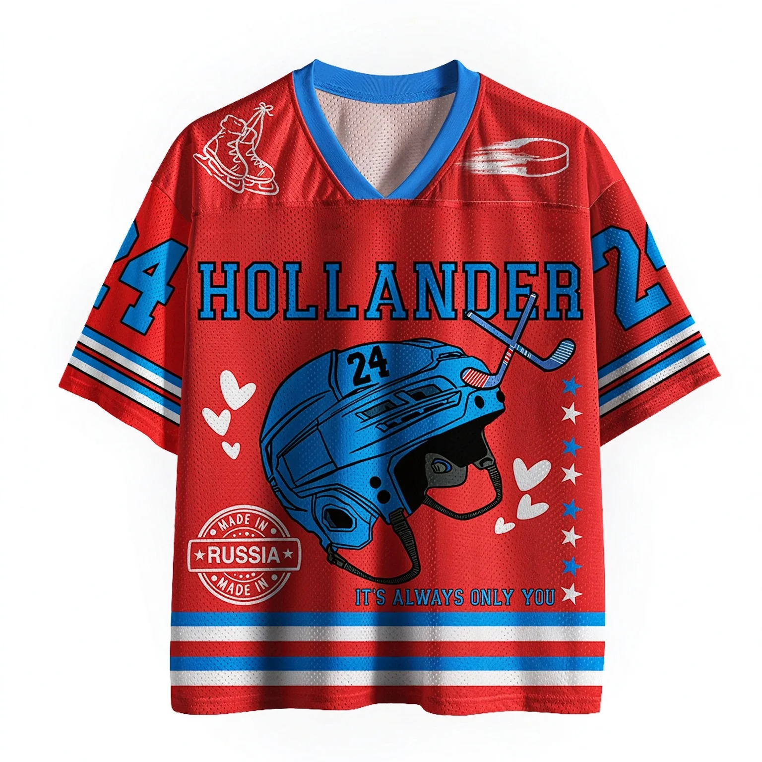 Hollander Ice Hockey Helmet Graphic Mesh Jersey, Red Blue V Neck Short Sleeve Sports Tee Book Lover Casual Top