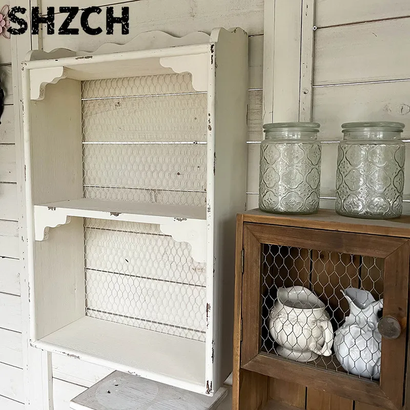 Vintage Wood Wall Cabinet Multi-functional Hanging Shelf Garden Distressed Storage Cupboard Space-saving Decor Display Unit