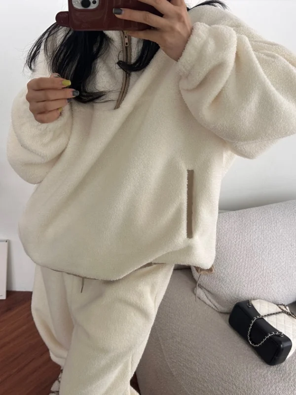 Korean Sle Warm Fluffy Loose Waist Sweatirt Women's Outerwear Elastic Waist Sweatpants Two-Piece Set Faionable Versatile