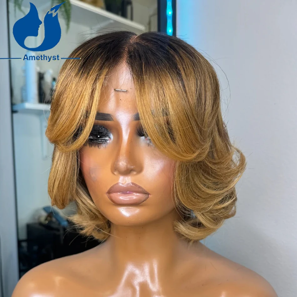 Amethyst Ombre pirang 27 # Wig Bob pendek dengan lapisan 13x6 Wig renda depan Remy rambut manusia Bob Brasil bagian tengah Remy bergelombang
