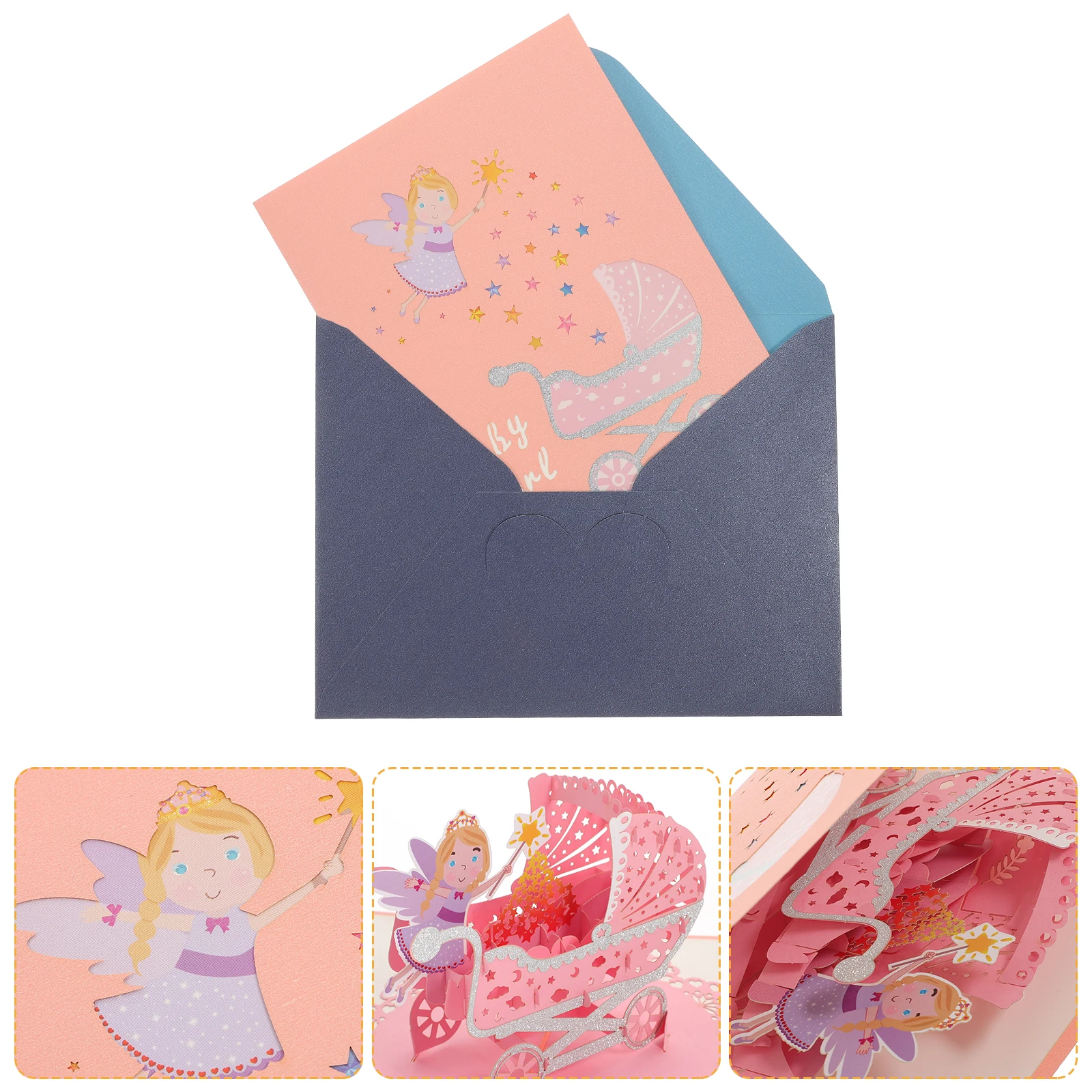 

Baby Carriage Greeting Card 3D Paper Birthday Cards for Kids Gift Foldable Blessing Special Design Visual Enjoyment Baby Shower