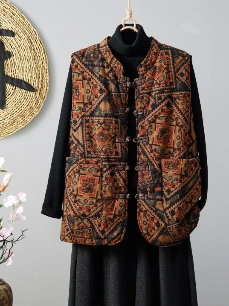 Chinese Style Vintage Printed Cotton Linen Jacket Women's Winter Large Size Improved Tang Costume Shoulder Pad Vest Coat