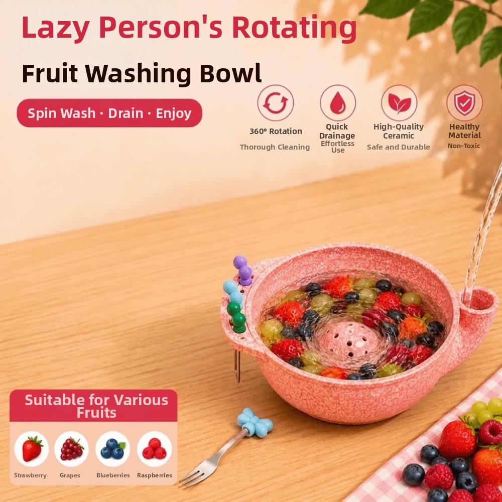 Self Spinning Automatic Fruit Washing Bowl Drainage Hole 360° Cleaning Ceramic Berry Washing Bowl with Drain Pad Large Capacity