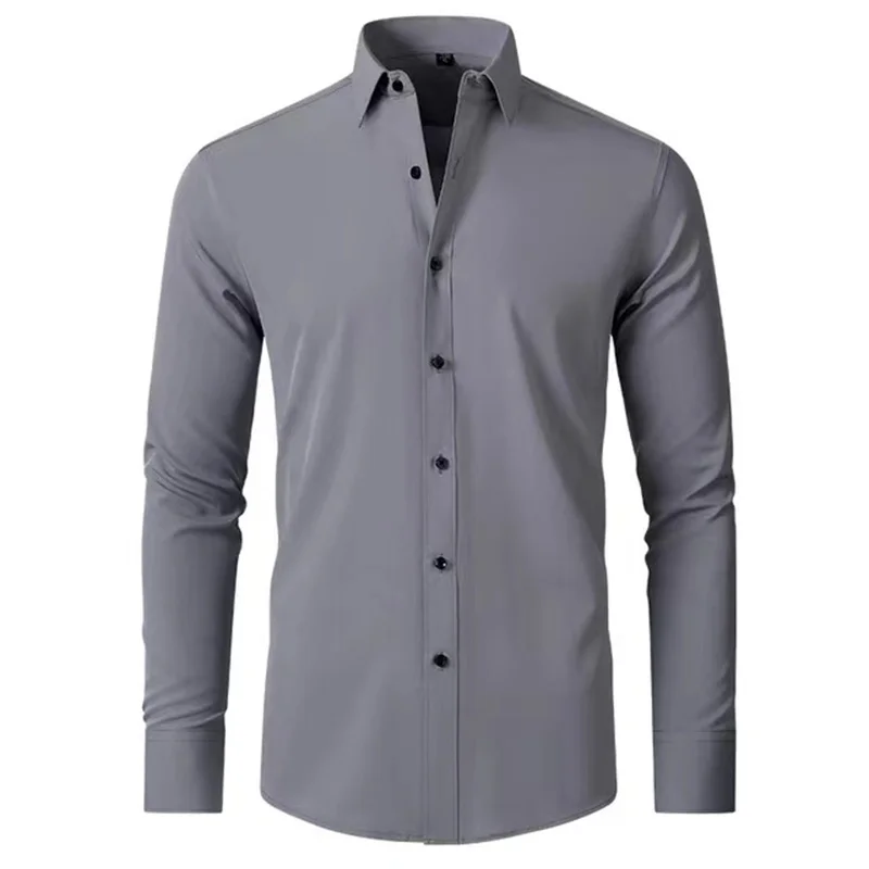 Camisa de manga larga para hombre, Camisa de popelina de seda helada, antiarrugas, antihierro, informal, de alta calidad, a la moda, para negocios y