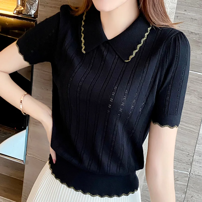 

2023 Summer New Polo Neck Striped Fashion Sweater Women Tops Hollow Out Thin Loose Short Sleeve Silk Casual Knitted Lady Clothes