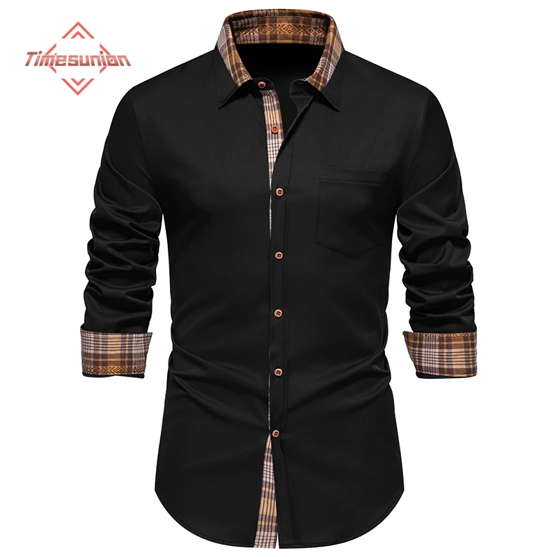 

Men's Plaid Patchwork Dress Shirts Banded Collar Long Sleeve Contrast Casual Shirt Business Formal Shirt Male Chemise Homme