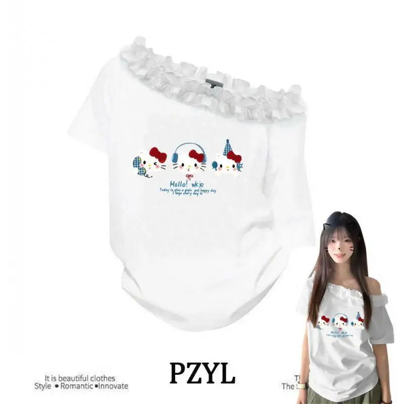 T-shirt con spalle scoperte da donna Sanrio Fashion T-shirt Hello Kitty T-shirt da ragazza Kawaii da indossare ogni giorno T-shirt allentata dolce Y2K Incontri alla moda