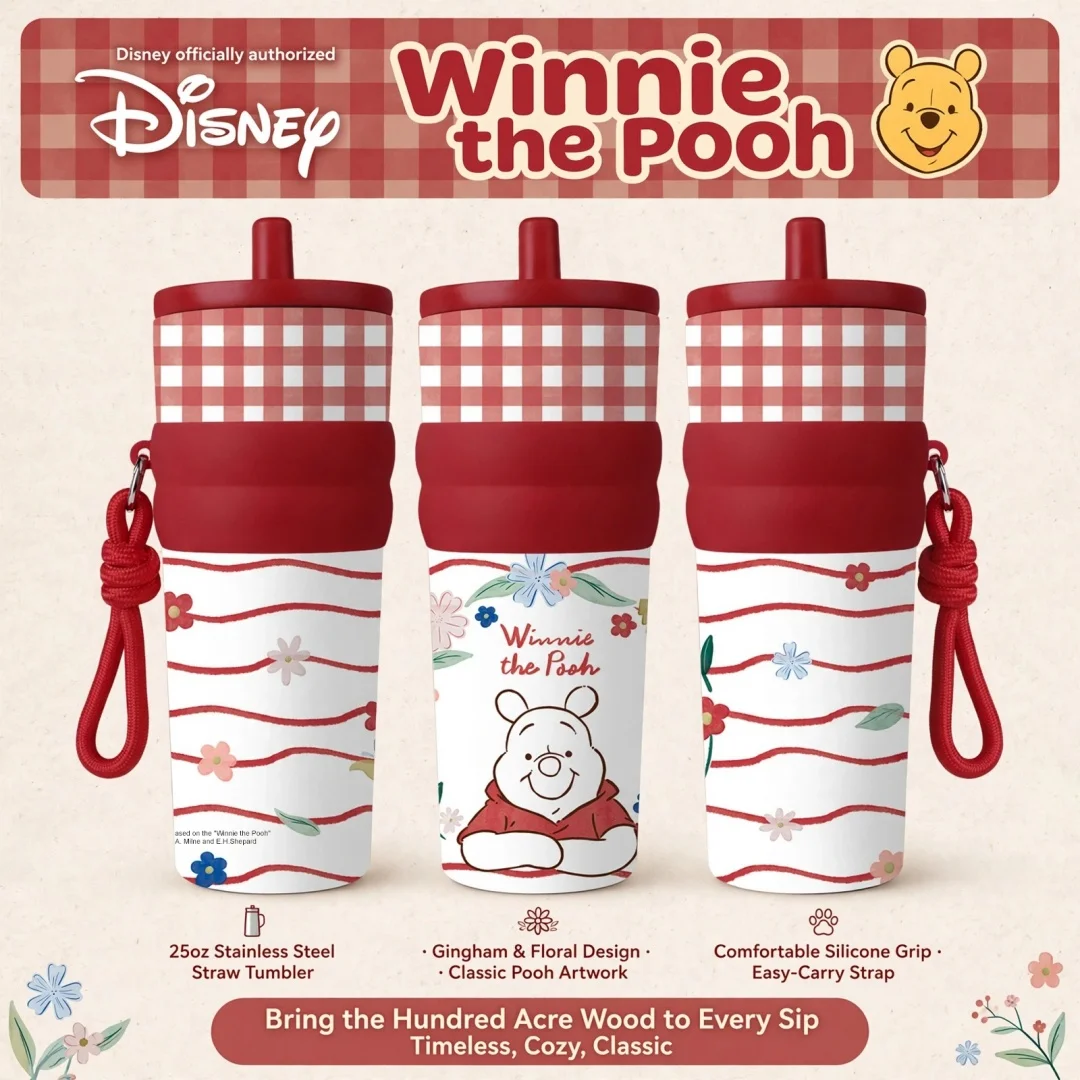 1pc 25oz Disney Winnie Pooh & Friends Stainless Steel Tumbler Insulated Travel Mug with Straw Hanging Rope Portable Cup for Car