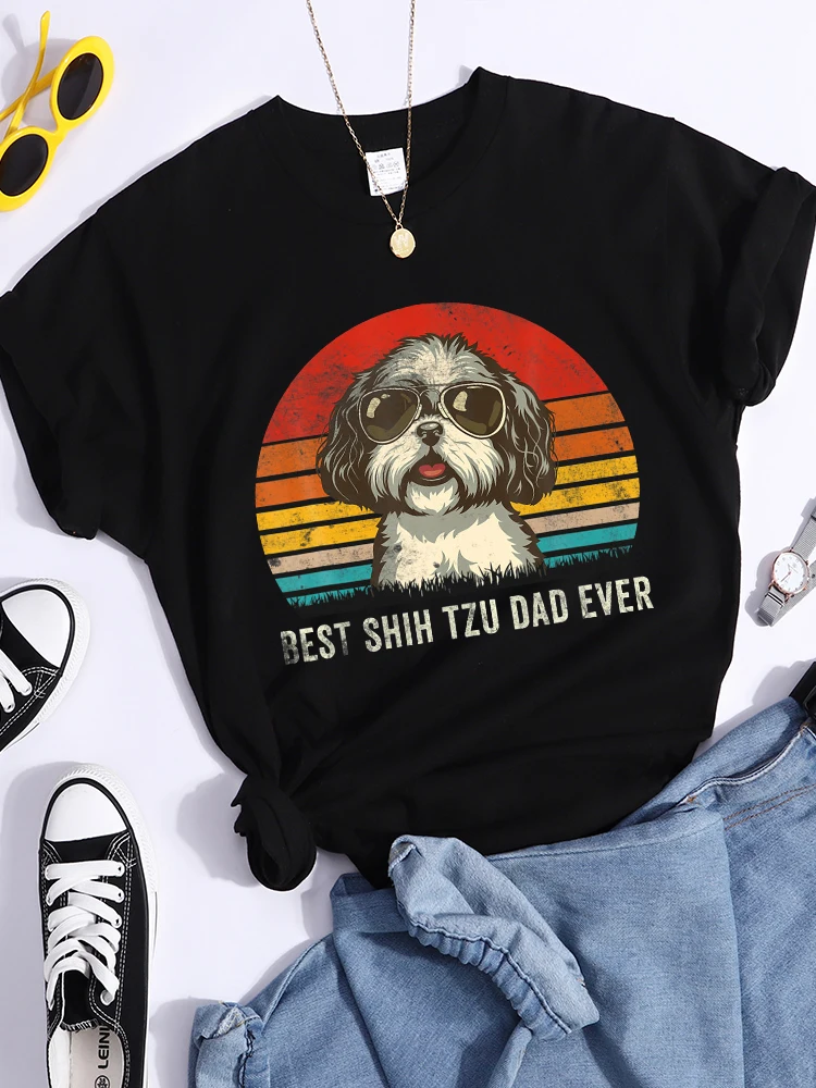 최고의 Shih Tzu Dad Ever Kawaii 여성 티셔츠, 통기성 캐주얼 티셔츠, 패션 크롭탑 만화 S-Xxxl 여성 티셔츠, 여름