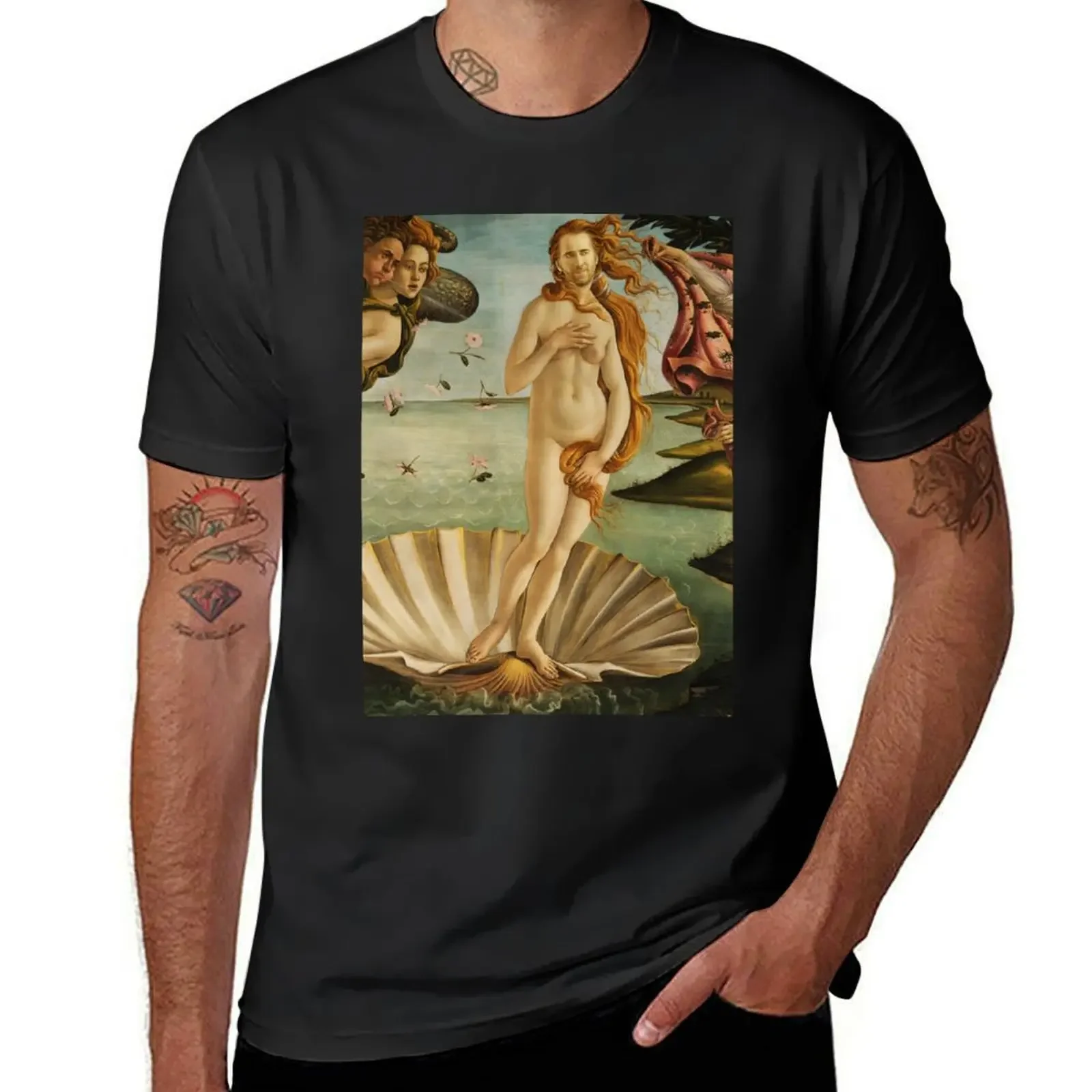 boys whites heavyweights oversized t shirts The Birth of Nic Cage (after Botticelli) - Venus x Nic Cage Painting T-Shirt for men