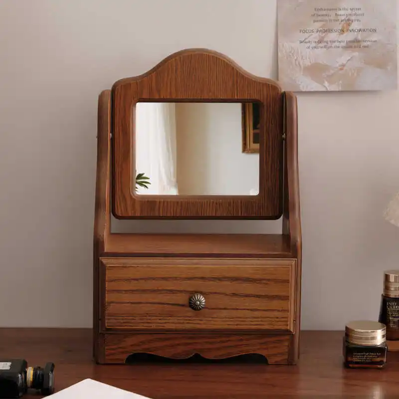 

Vintage Mirror Wooden Tabletop Makeup Mirror Ins Style Decorative Mirror for Bedroom Retro Small Mirrors
