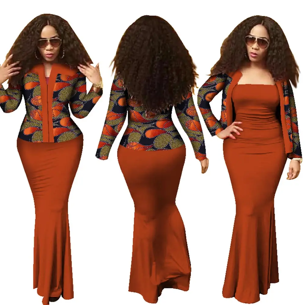 Bintarealwax African 2 Pieces Set for Women New Style Dashiki Crop Top Long Dress Suits Plus Size Traditional Clothing WY1313
