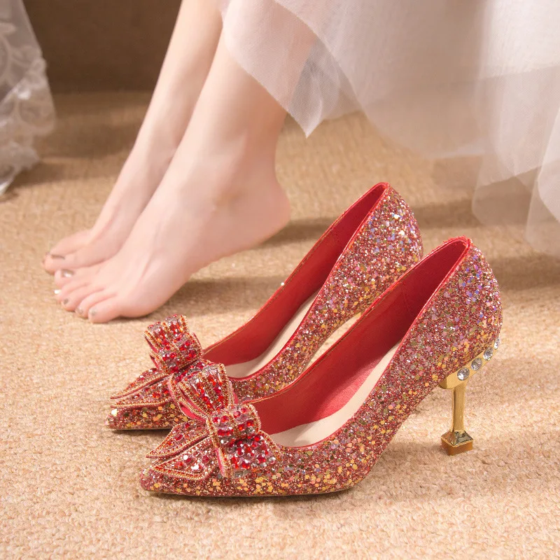 Red Women's Rhinestone Wedding Shoes Year Shoes Luxury Buckle Decorative Banquet Women's Shoes High Heels Bow tie Heels Shoes