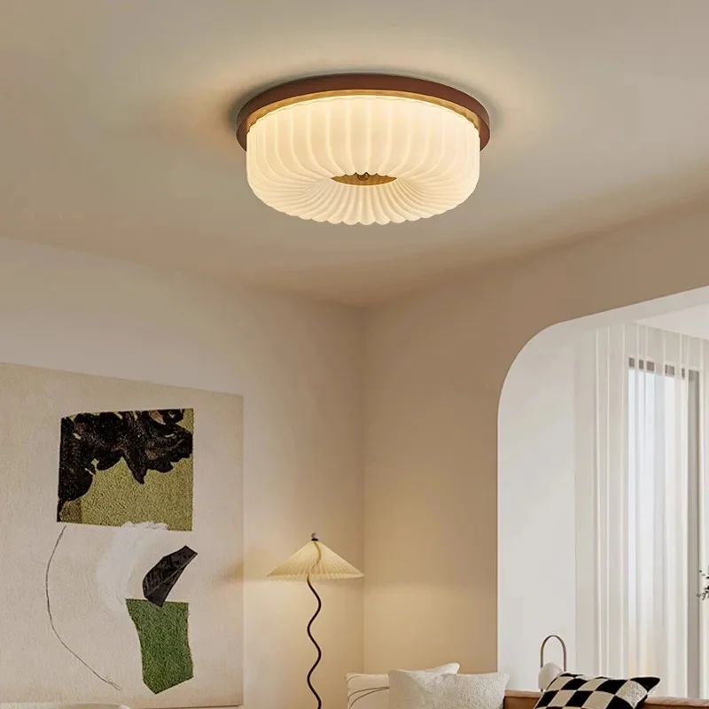 Vintage Style Fluted Glass Ceiling Lamp White Round Flush Mount Light with Brass Accents Hallway Entryway