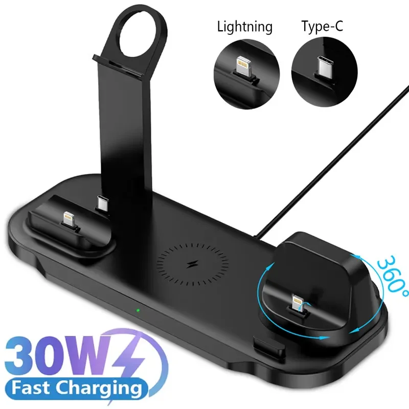 30W Wireless Charger Stand Pad For iPhone 15 14 13 12 11 Pro Max Apple Watch 8 7 6 Airpods Pro 7 in 1 Fast Charging Dock Station