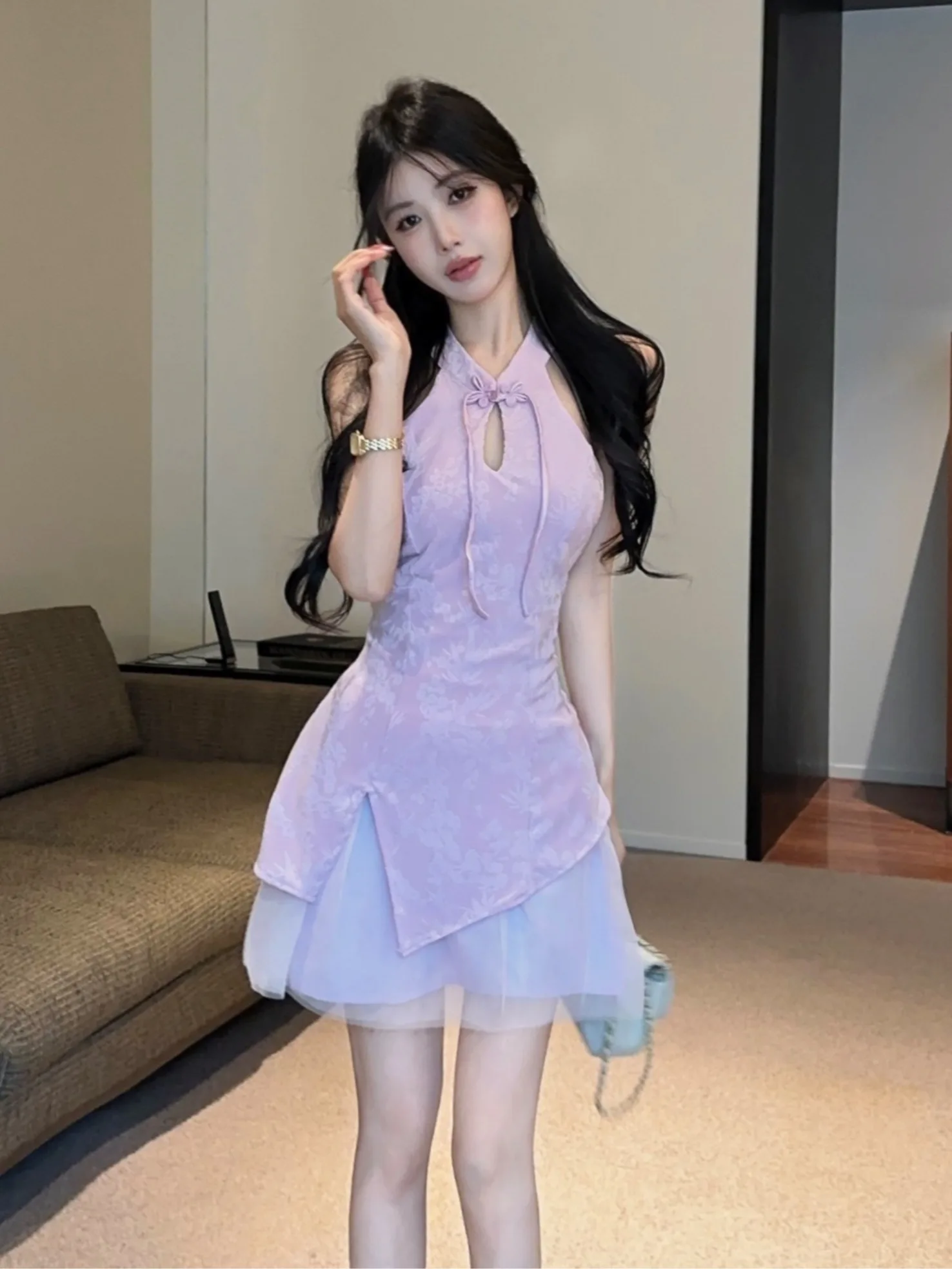 

New Chinese Style Short Dress Pure Desire Asymmetrical Slit Mesh Splicing Slimming Skirt High Waist Sexy Flag Robe Dress