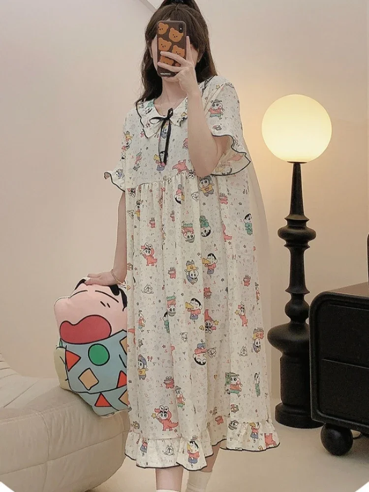 Ins Trend 140kg Large Size Loose Home Dress Women\'s Summer Thin Pajamas Loungewear Students Short Sleeve Princess Sleepshirts