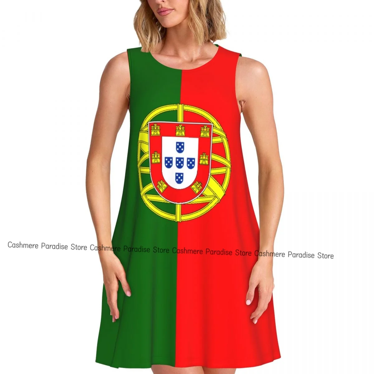2025 Roupas femininas Vestidos Bandeira vertical de Portugal Vestido de comprimento sem mangas com gola redonda
