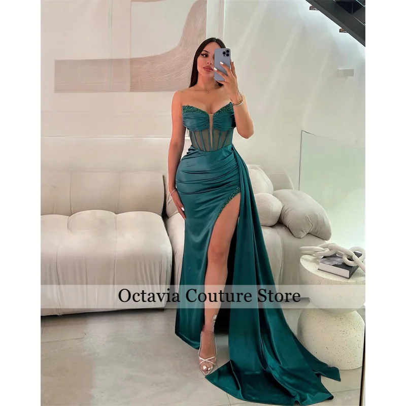 Stylish Satin Evening Dress for Woman Mermaid Beads Pleated Corset Saudi Arabric Vestido de Graduacion Customized