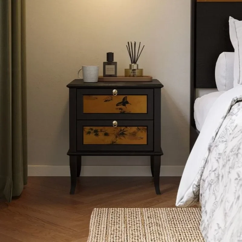 Solid Ash Wood Nightstand，Retro Floral Inlay Panel Round Pull Handle Curved Leg Storage Side Cabinet for Bedroom Sofa Corner
