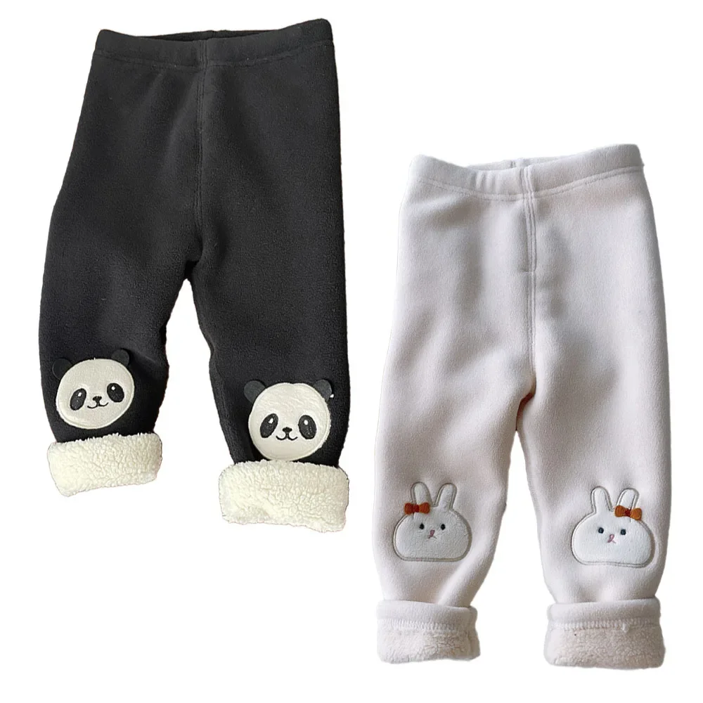 

Зимние штаны для девочек и мальчиков, меховые флисовые леггинсы, детские брюки, спортивные штаны для малышей, толстые теплые зимние наряды с пандой и кроликом