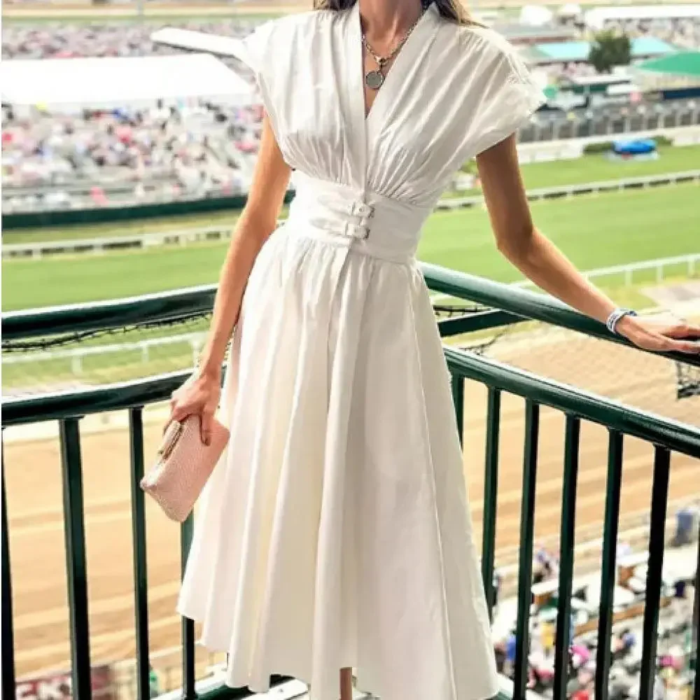 

Elegant Summer V-Neck High Waist Dress Fashion Single Row Multi-Button Flying Sleeve Vestido Temperament Commuting for Going Out