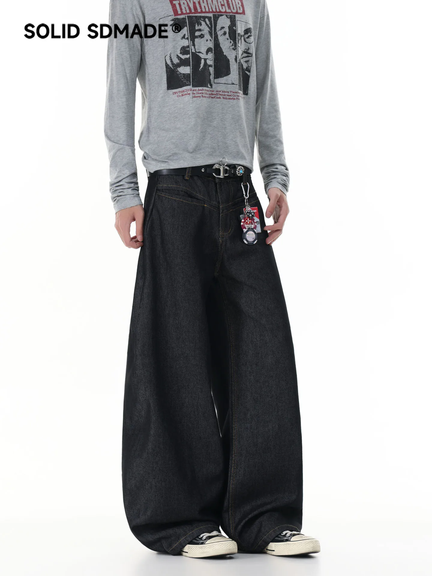 SDMADE American Retro Yellow Stitching Original Color Men's Wide Leg Knife Banana Jeans Low Waist Zipper Closure Cotton Blend