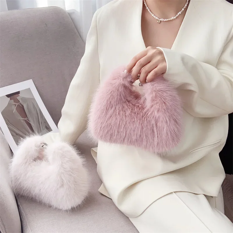 Women Plush Handbags Lady Shoulder Small Faux Fur Crossbody Bag  Long Wool Half-Moon Hobos Winter