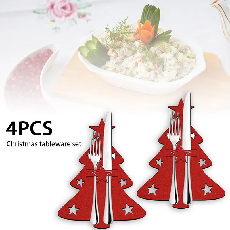 Bolsas de soporte para cubiertos de árbol de Navidad, 4 piezas, regalo de Navidad, cuchillo, tenedor, cubierta, Decoración de mesa, bolsa organizadora de vajilla de Año Nuevo