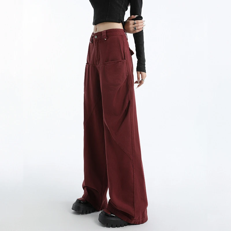 KSTUN กางเกงยีนส์สตรีกางเกงขากว้างสีแดงหญิง Baggy กางเกงหลวมสูงเอว Casual แฟชั่น 2025 ใหม่แนวโน้มลากกางเกงกางเกง