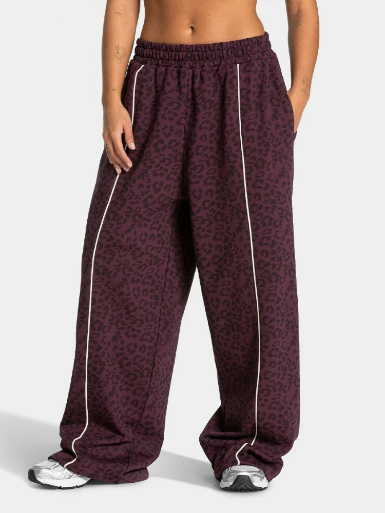 Damskie spodnie dresowe oversize z luźnym krojem i panterkowym wzorem, elastyczna talia, spodnie sportowe do fitnessu i jogi, damskie spodnie codzienne, streetwear