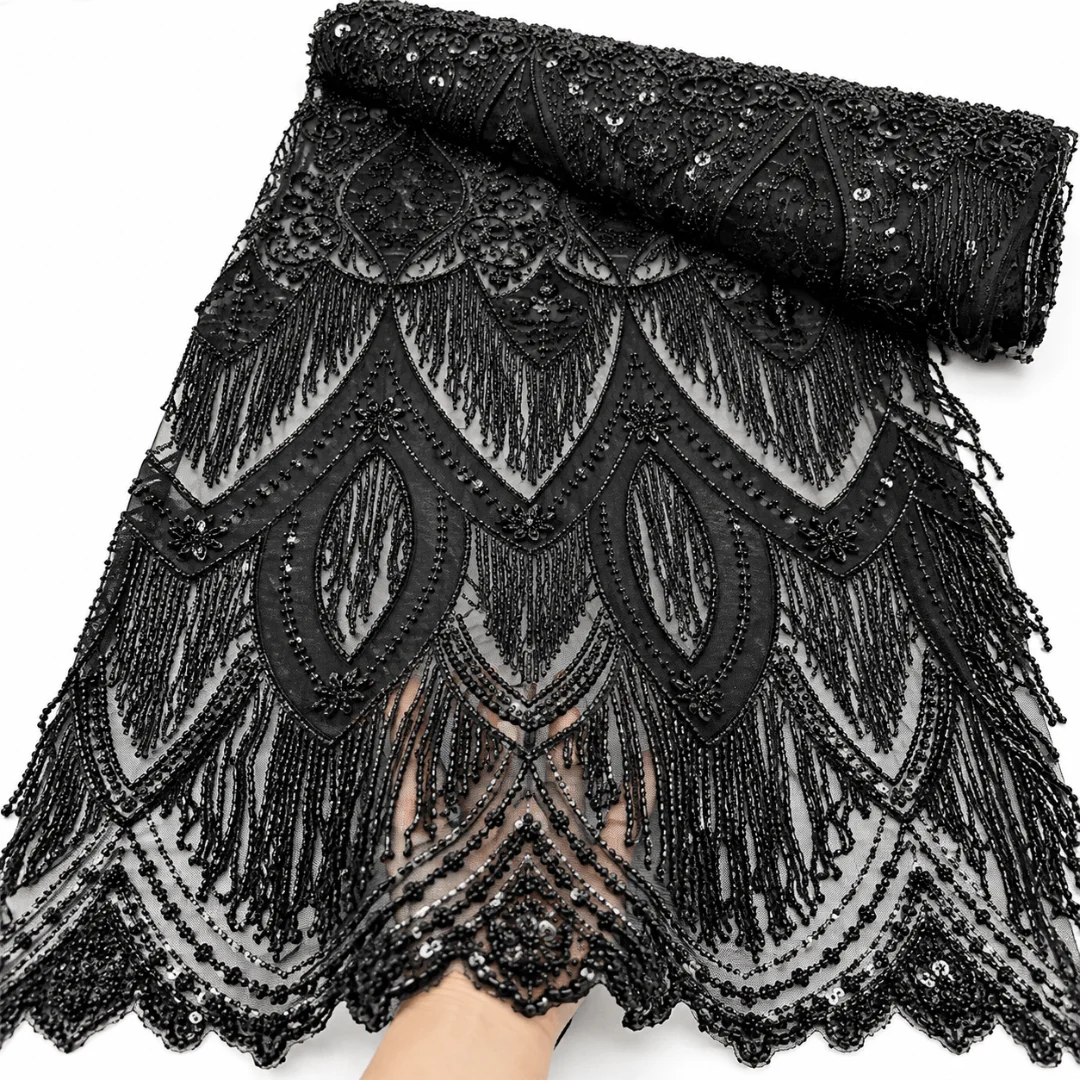 Luxury African Beaded Lace Fabric Tassel High Quality French Tulle Sequins Embroidery Handmade Fringe Lace for Evening Dress