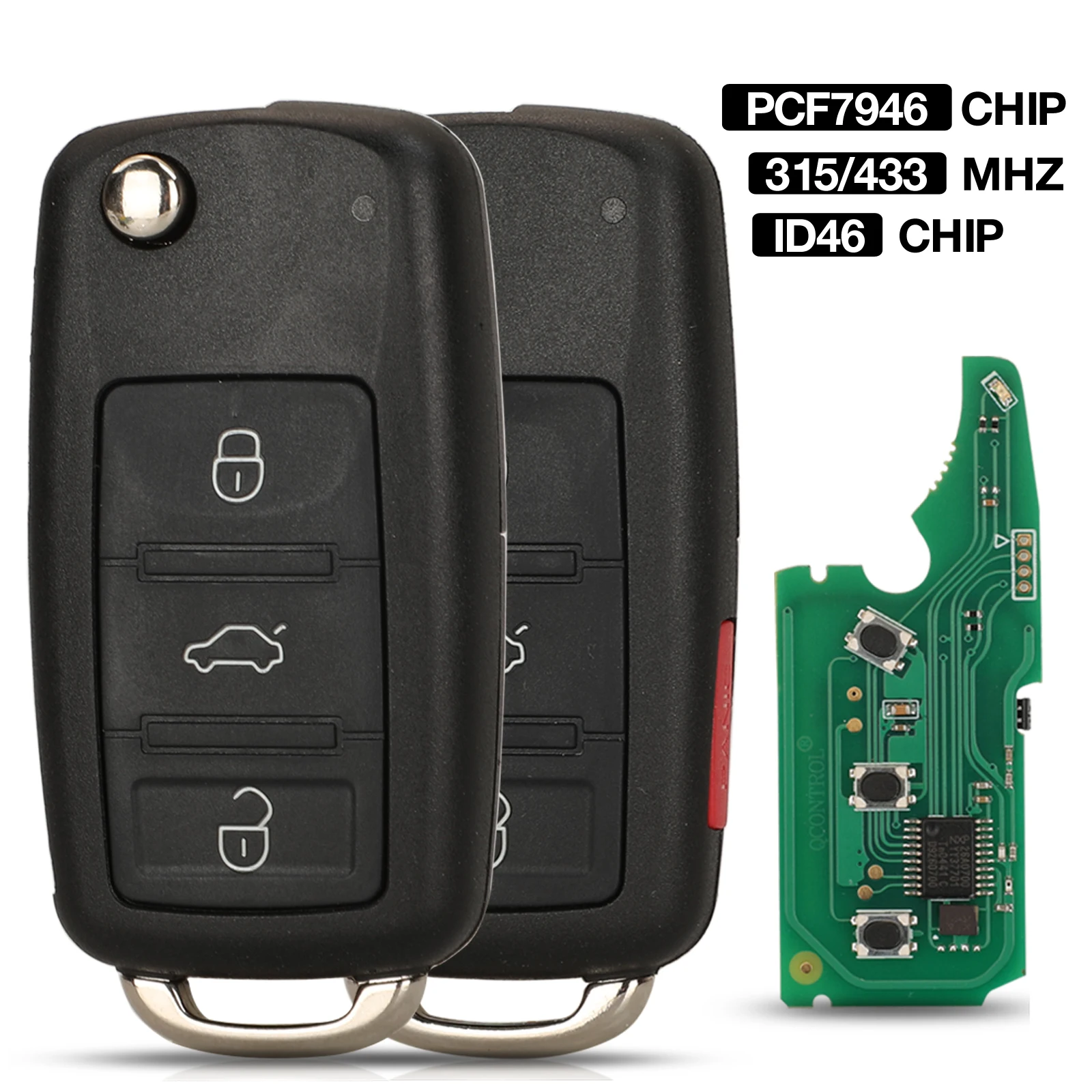 

jingyuqin 3/4 BTN Remote Key System 315/433MHz ID46 PCF7946 Chip Flip Remote Car Key For Volkswagen Touareg VW Phaeton 2002-2010