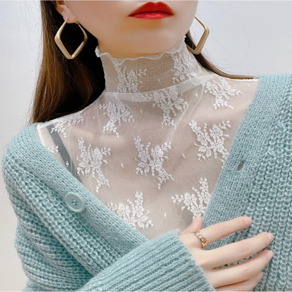 

Vest Elegant Fake Lace Floral Collar Slim Gauzy Mesh Base Layer Top Short Sleeve Solid Color Detachable False Collar Women