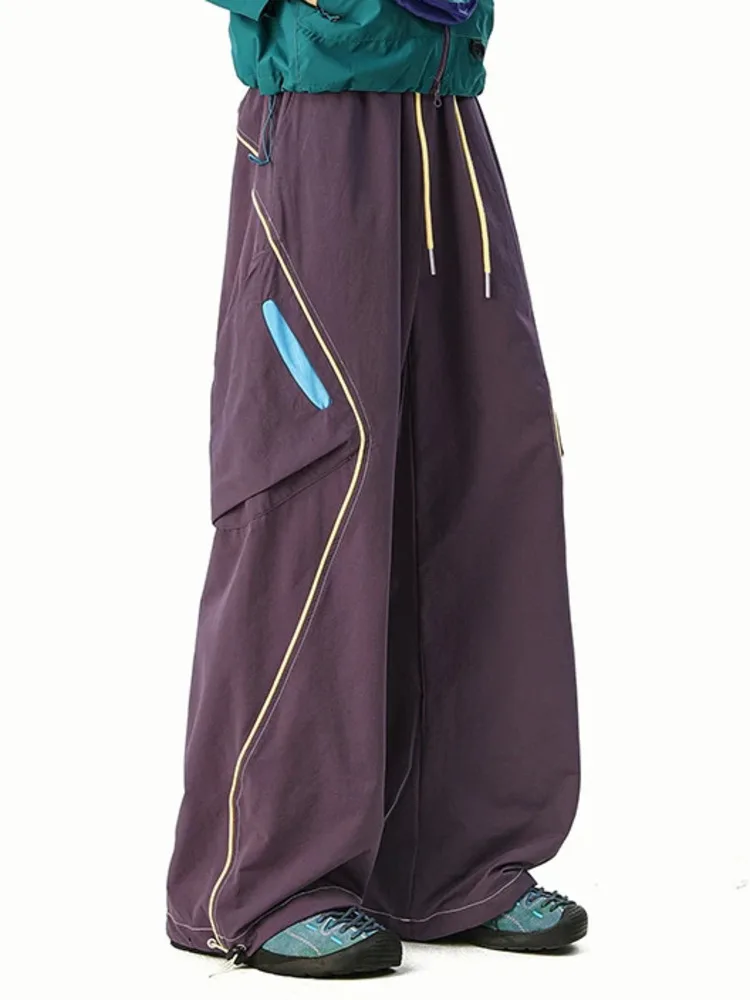 Hiking Streetwear Men's Cargo Pants Purple Contrast Stripe Wide Leg Baggy Fit Outdoor Casual Premium Trousers PH4N