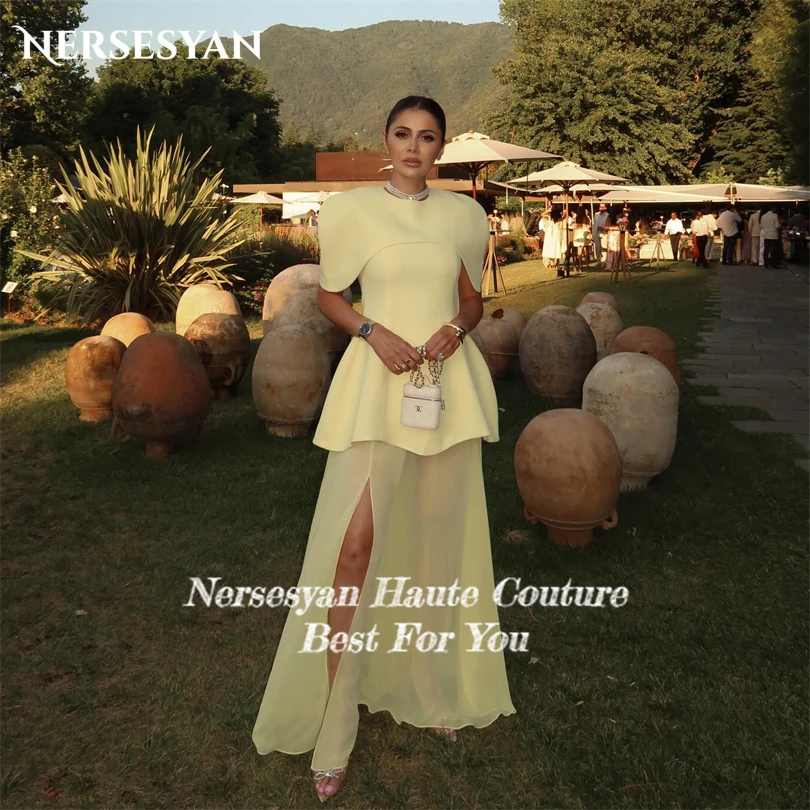 Nersesyan Yellow Luxury Prom Dresses Side Slit Ruffles Cap Sleeves Formal Evening Dress A Line Guest Party Gowns 2025 Customized