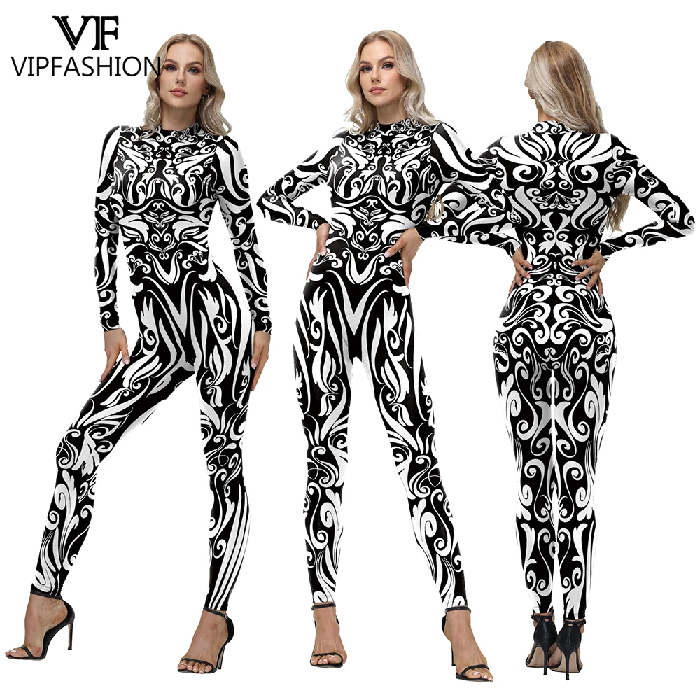

VIP FASHION Woman Black White Art Pattern Cosplay Bodysuit Sexy Jumpsuit Rave Zentai Suit Performance Party Costume Show Outfit