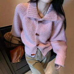 Harajuku Retro Sweater Horn Button Solid Color Sweater Jacket Women Autumn Winter Loose Design Soft Sticky Knitted Cardigan