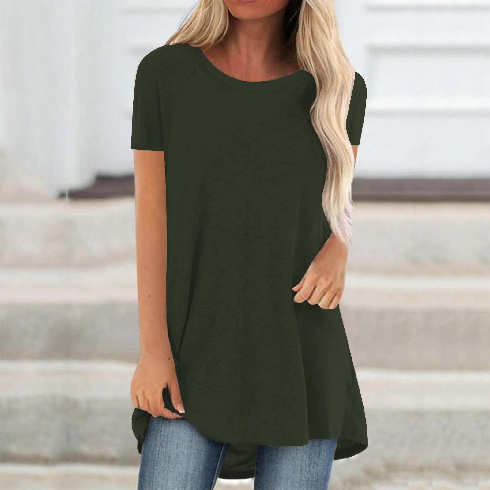 Plus Size 2024 New Women\'s Tunic Soild Fashion Long Shirts Round Neck Short Sleeve Casual Blouses Summer Women Clothing Blouse