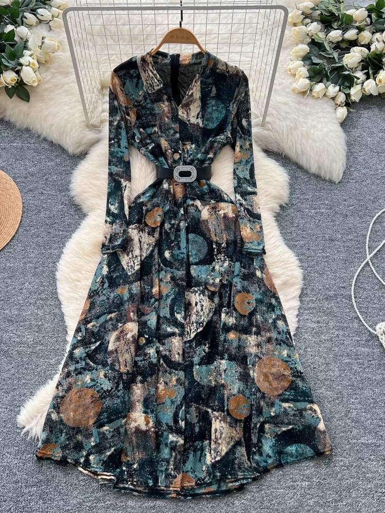 Ele V-ne con cintura lunga Sve stampa floreale Dr Gonna lunga drappeggiata dimagrante da donna Gonna a trapezio a vita alta in fibra di poliestere