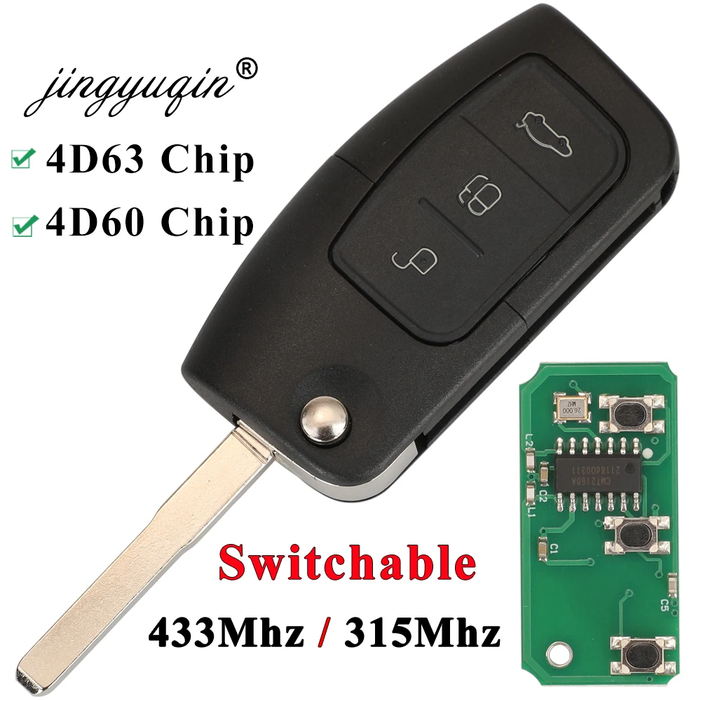 jingyuqin 433MHz/315Mhz 4D63 4D60 Flip Remote Control Car Key for Ford Fusion Focus Mondeo Fiesta Galaxy 3Button Fob HU101 Blade