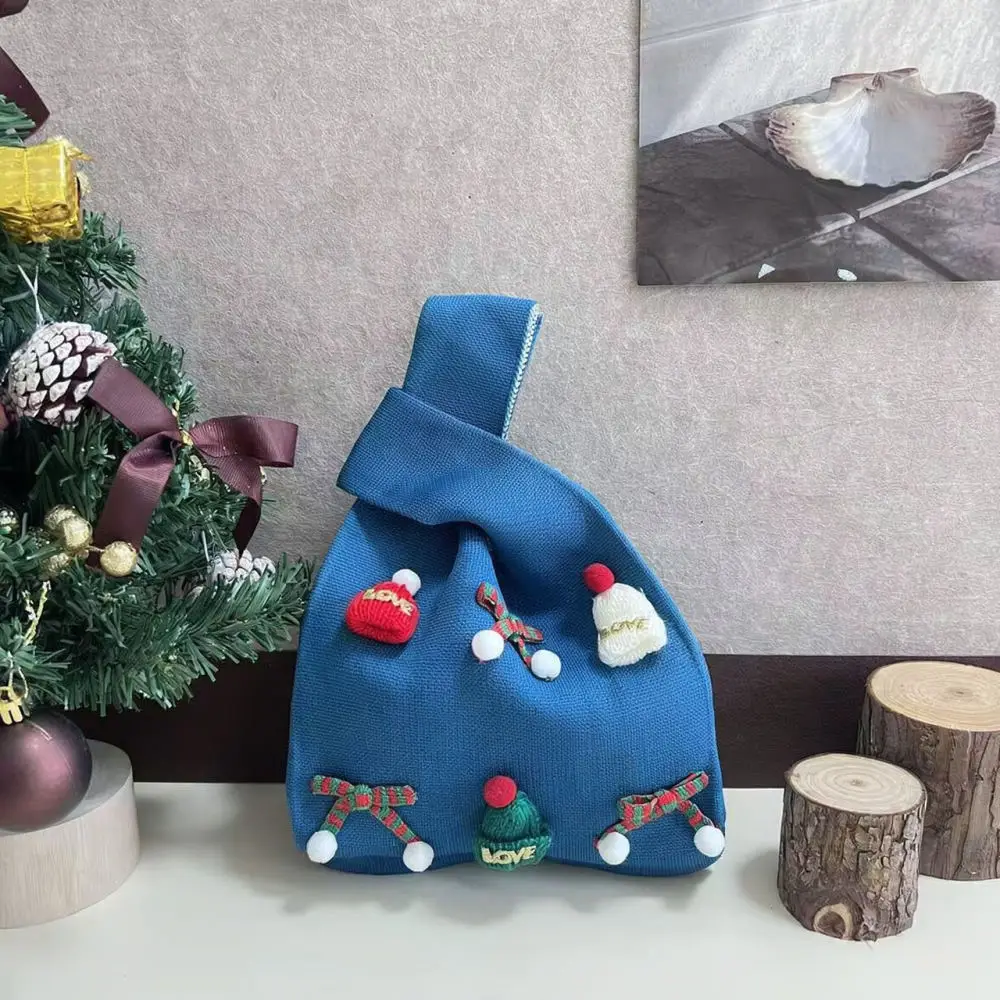 Trendy Knitted Tote Bag Christmas Gift Pouch New Year Creative Candy Apple Handbag Fashion Sweet Style Soft Fabric Purse