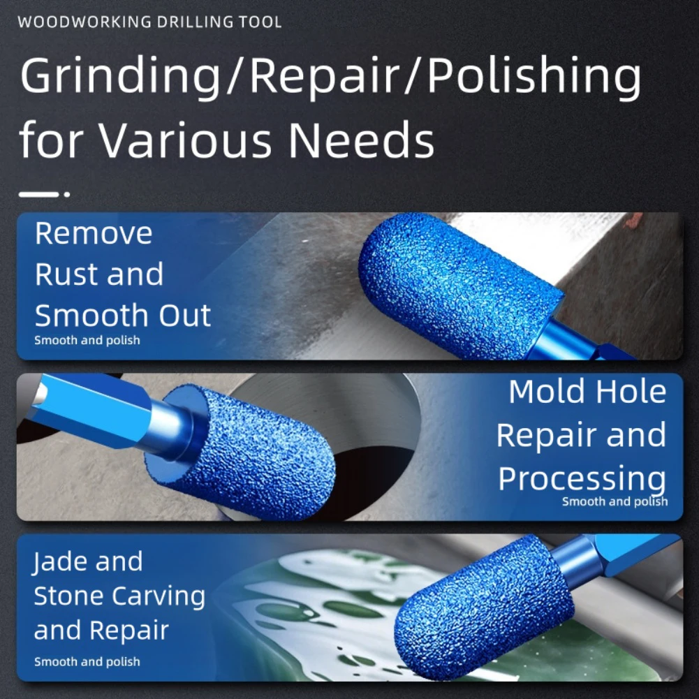Diamond Grinding Head Set 7 Pieces for Polishing Stone Glass Jade and Carving with Hexagonal Shank for Power Tools