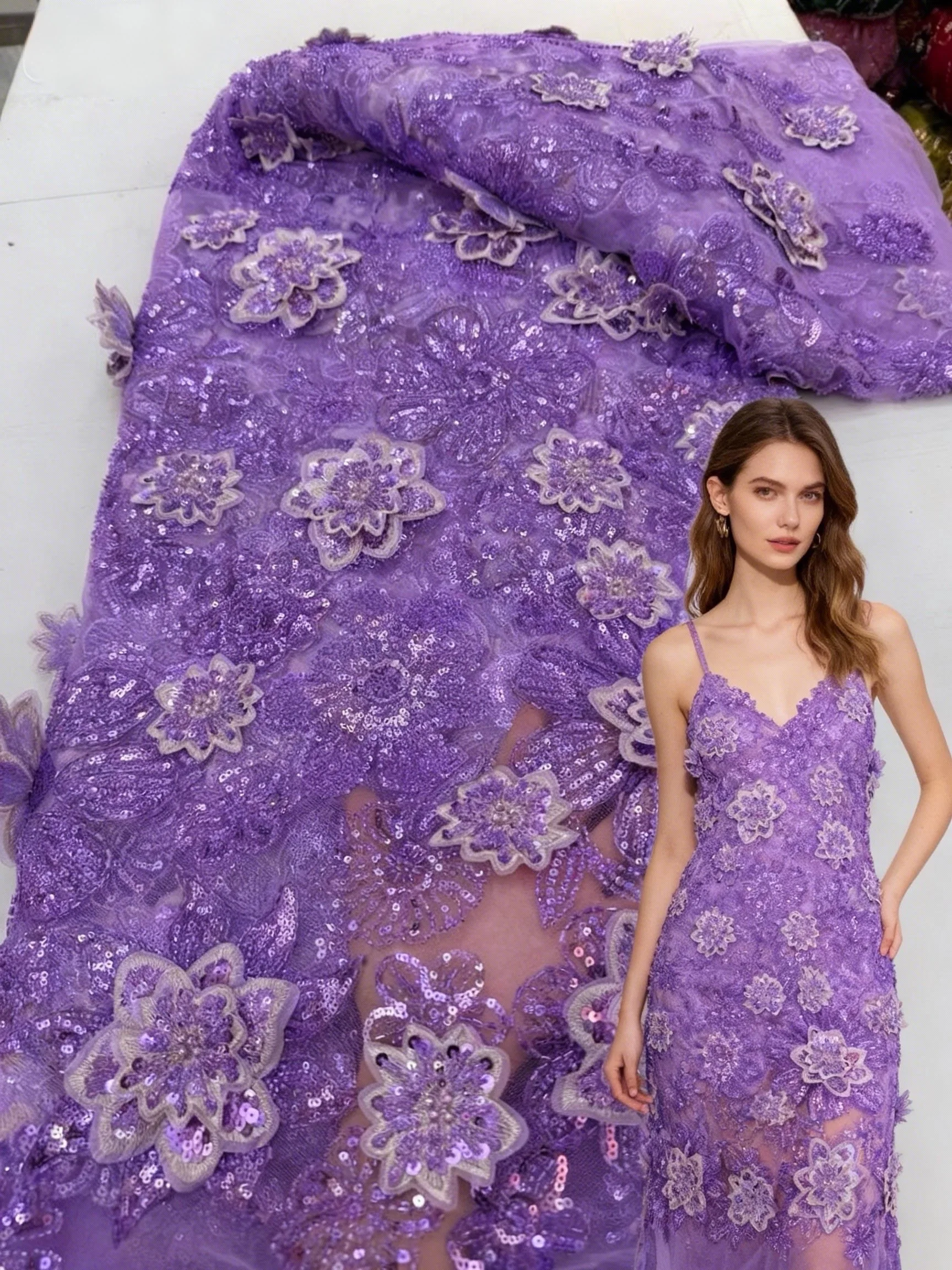 

Новейшая французская кружевная ткань с 3D цветами и блестками, 2026, высокое качество, нигерийская кружевная ткань с блестками и бусинами, африканское свадебное шитье, 5 ярдов