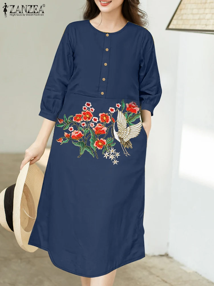 ZANZEA-túnicas acampanadas con estampado Floral y grulla para mujer, vestido informal holgado Vintage con manga 3/4 para el día de verano 2025, Vestidos por debajo de la rodilla