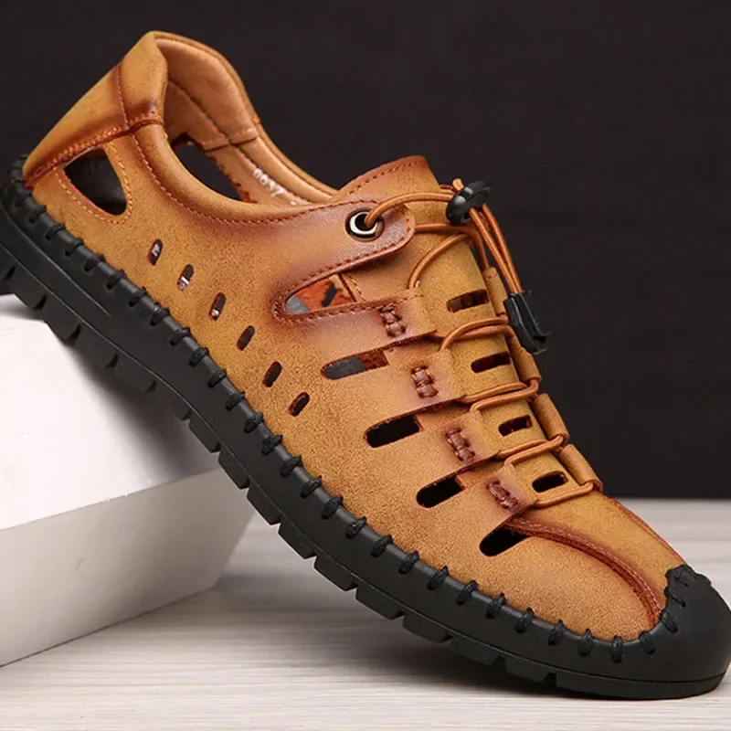 

Новинка 2025, летняя обувь, мужские сандалии из натуральной кожи, нескользящая праздничная модная мужская обувь на плоской подошве, черный, желтый D326